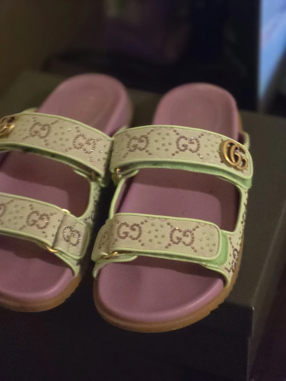 Gucci Women Pink Footbed Green Trim GG Canvas Double-Strap Sandals